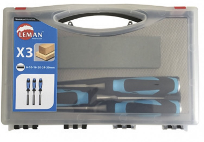 LEMAN - Coffret De 3 Ciseaux à Bois / Manche Bi-matière L.12/26/40mm + Pierre 2 LEMAN - Coffret De 3 Ciseaux à Bois / Manche Bi-matière L.12/26/40mm + Pierre – Image 2